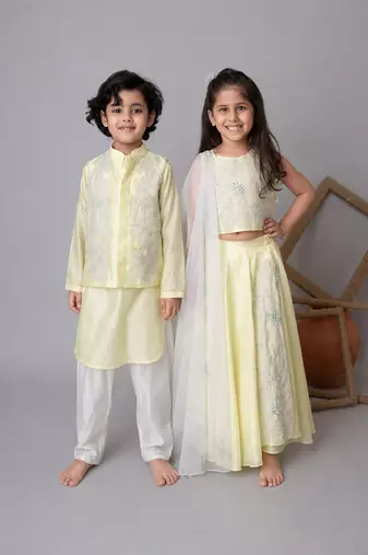 Lemon handwoven cotton lehenga choli & bandhgala brother sister matching combo