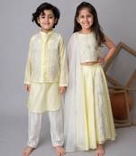 Lemon handwoven cotton lehenga choli & bandhgala brother sister matching combo