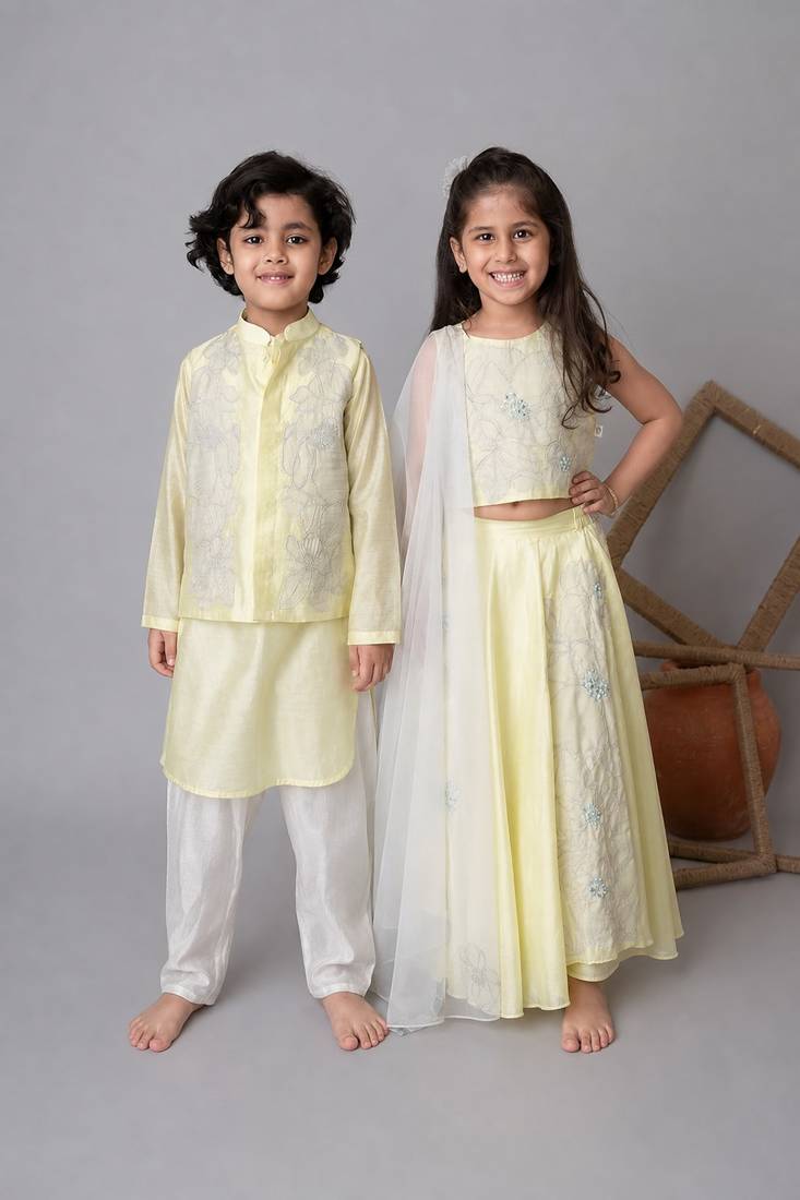 Lemon handwoven cotton lehenga choli & bandhgala brother sister matching combo