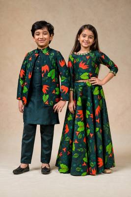 Green embroidered & printed chanderi silk lehenga choli & sherwani brother sister matching combo 1
