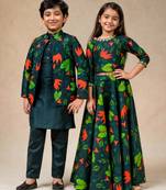 Green embroidered & printed chanderi silk lehenga choli & sherwani brother sister matching combo