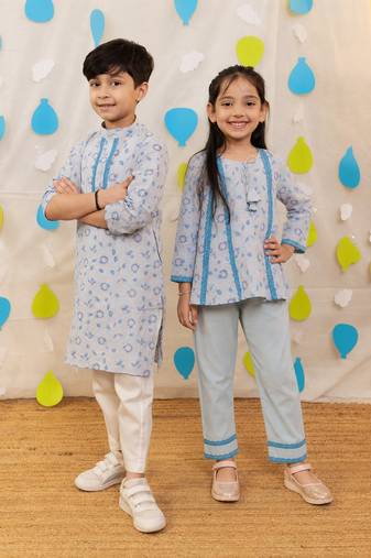 Blue printed & embroidered cotton kurta set & kurta pyjama brother sister matching combo