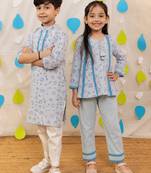 Blue printed & embroidered cotton kurta set & kurta pyjama brother sister matching combo