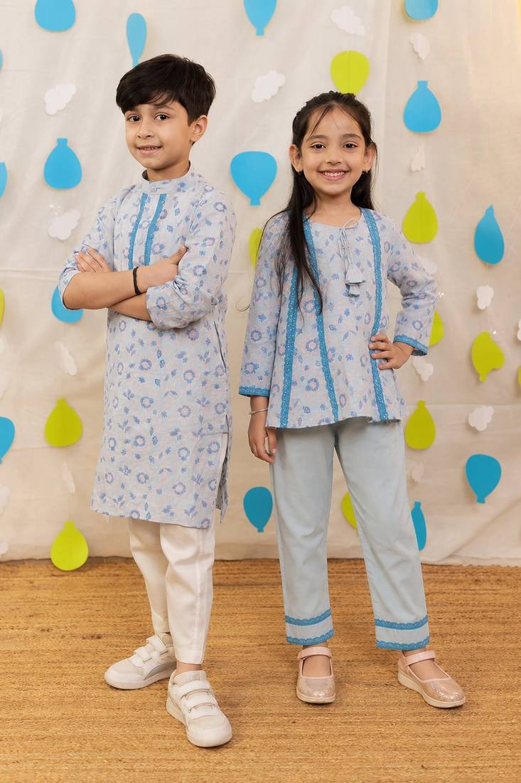 Blue printed & embroidered cotton kurta set & kurta pyjama brother sister matching combo