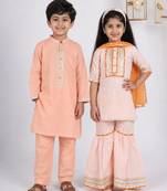 Peach solid & embroidered cotton kurta set & kurta pyjama brother sister matching combo