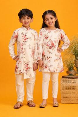 Cream & multicolor printed blended cotton kurta set & kurta pyjama brother sister matching combo 1