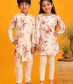 Cream & multicolor printed blended cotton kurta set & kurta pyjama brother sister matching combo