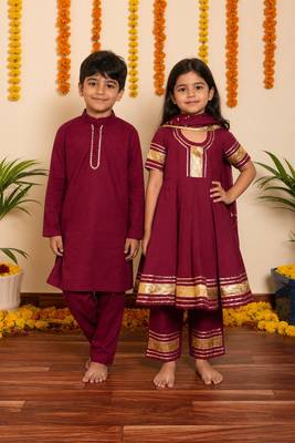 Burgundy handwoven cotton anarkali set & kurta pyjama brother sister matching combo 1