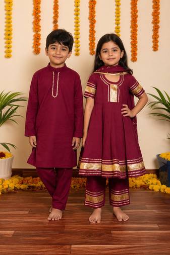 Burgundy handwoven cotton anarkali set & kurta pyjama brother sister matching combo