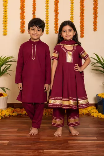 Burgundy handwoven cotton anarkali set & kurta pyjama brother sister matching combo