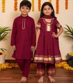 Burgundy handwoven cotton anarkali set & kurta pyjama brother sister matching combo