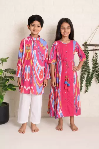 Pink ikat cotton dress & kurta pant brother sister matching combo