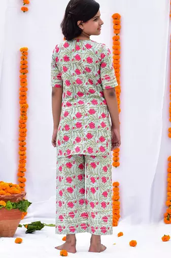 Green printed cotton palazzo set & kurta pant brother sister matching combo