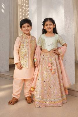 Peach embroidered georgette & cotton lehenga choli & kurta jacket brother sister matching combo 1