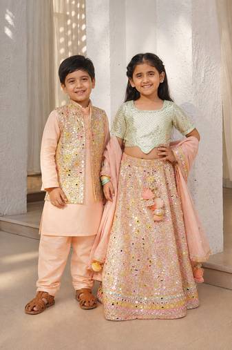Peach embroidered georgette & cotton lehenga choli & kurta jacket brother sister matching combo