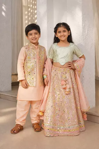 Peach embroidered georgette & cotton lehenga choli & kurta jacket brother sister matching combo