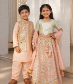 Peach embroidered georgette & cotton lehenga choli & kurta jacket brother sister matching combo