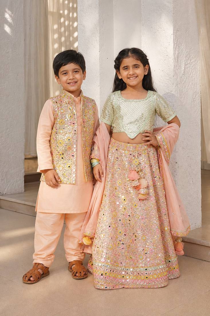 Peach embroidered georgette & cotton lehenga choli & kurta jacket brother sister matching combo