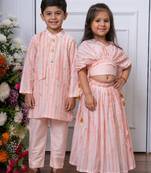 Pink embroidered chanderi silk lehenga choli & kurta pant brother sister matching combo