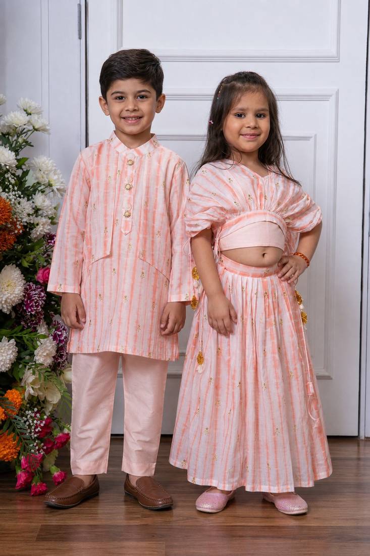 Pink embroidered chanderi silk lehenga choli & kurta pant brother sister matching combo