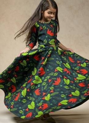 Green embroidered & printed chanderi silk lehenga choli & sherwani brother sister matching combo 2