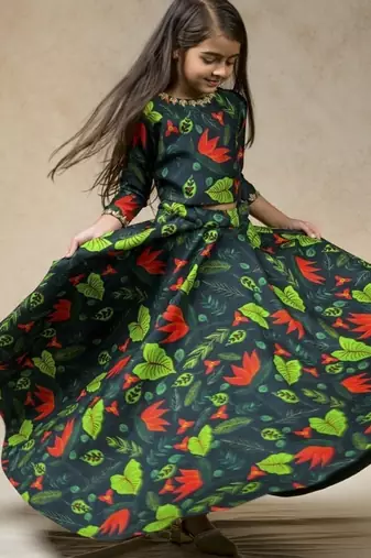 Green embroidered & printed chanderi silk lehenga choli & sherwani brother sister matching combo