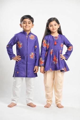 Purple printed cotton kurta set & kurta jacket brother sister matching combo