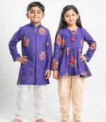 Purple printed cotton kurta set & kurta jacket brother sister matching combo