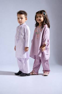 Purple embroidered silk kurta set & kurta pant brother sister matching combo 1