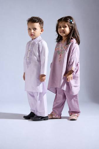 Purple embroidered silk kurta set & kurta pant brother sister matching combo