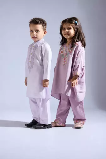 Purple embroidered silk kurta set & kurta pant brother sister matching combo