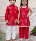 Red embroidered chanderi kurta set & kurta pant brother sister matching combo