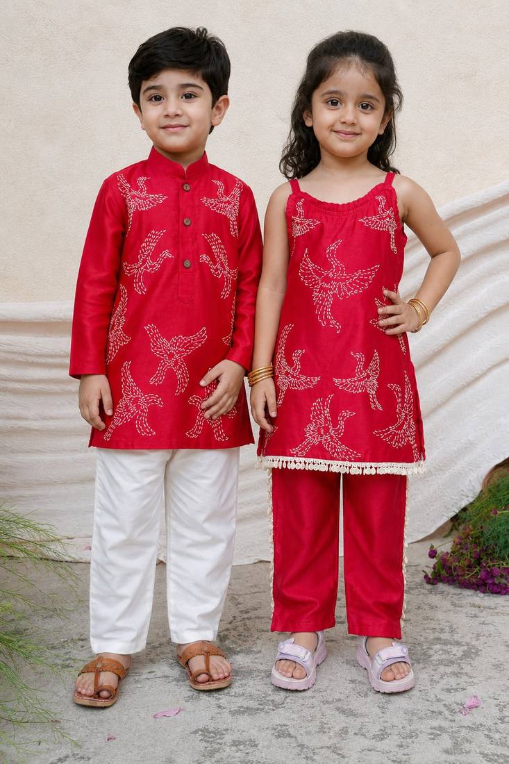 Red embroidered chanderi kurta set & kurta pant brother sister matching combo
