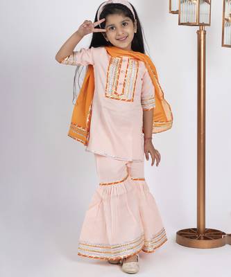 Peach solid & embroidered cotton kurta set & kurta pyjama brother sister matching combo 2
