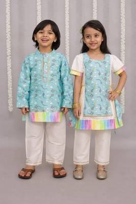 Multicolor & blue printed cotton silk kurta set & kurta pant brother sister matching combo 1