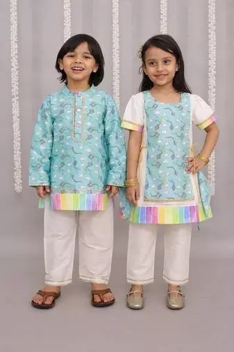 Multicolor & blue printed cotton silk kurta set & kurta pant brother sister matching combo