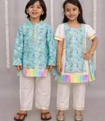 Multicolor & blue printed cotton silk kurta set & kurta pant brother sister matching combo