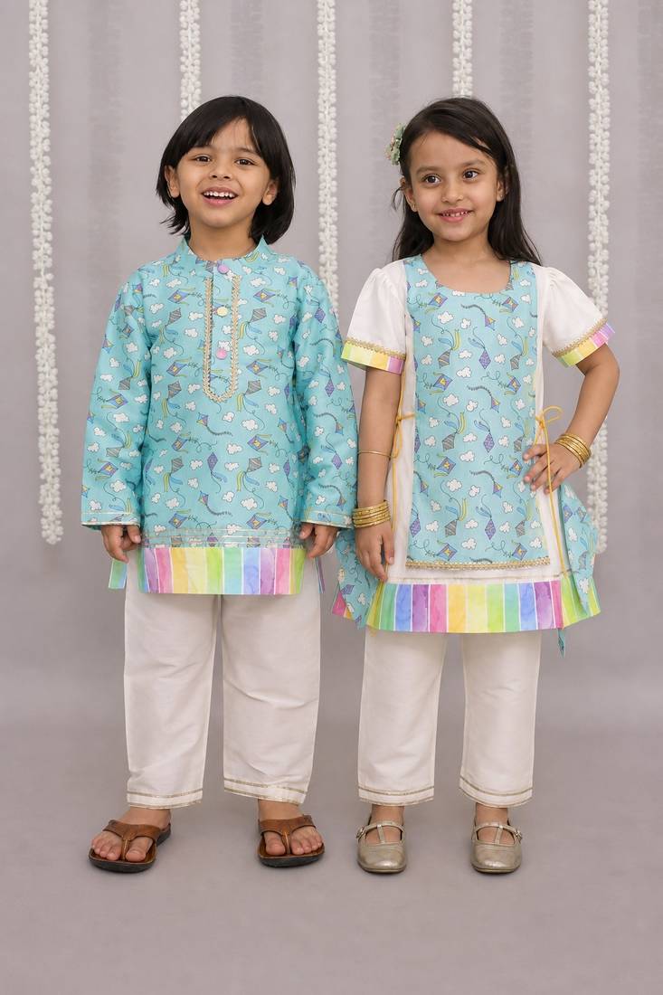 Multicolor & blue printed cotton silk kurta set & kurta pant brother sister matching combo