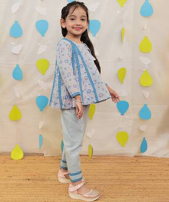 Blue printed & embroidered cotton kurta set & kurta pyjama brother sister matching combo 2