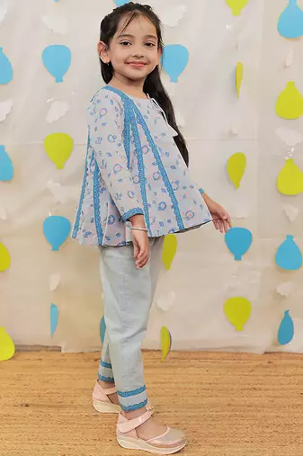 Blue printed & embroidered cotton kurta set & kurta pyjama brother sister matching combo