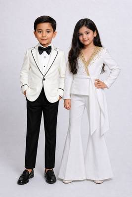 White embroidered & solid japanese crepe co-ord set & tuxedo brother sister matching combo 1