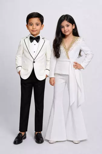 White embroidered & solid japanese crepe co-ord set & tuxedo brother sister matching combo