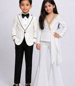 White embroidered & solid japanese crepe co-ord set & tuxedo brother sister matching combo