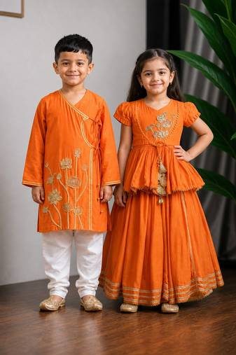 Orange embroidered dola silk lehenga choli & kurta pant brother sister matching combo