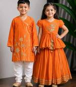 Orange embroidered dola silk lehenga choli & kurta pant brother sister matching combo
