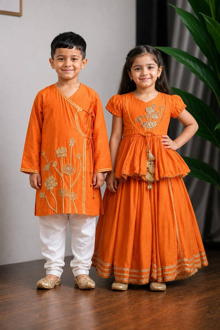Orange embroidered dola silk lehenga choli & kurta pant brother sister matching combo