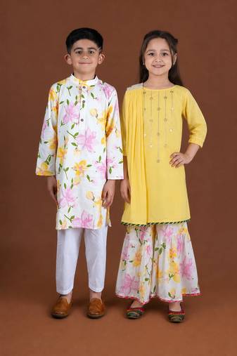 Yellow & multicolor printed cotton sharara set & kurta pant brother sister matching combo
