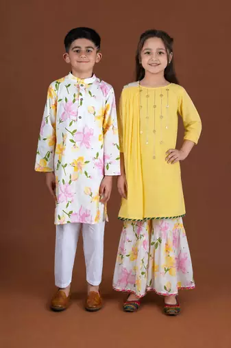 Yellow & multicolor printed cotton sharara set & kurta pant brother sister matching combo