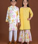 Yellow & multicolor printed cotton sharara set & kurta pant brother sister matching combo