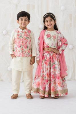 Pink & cream printed cotton & viscose lehenga choli & kurta jacket brother sister matching combo 1